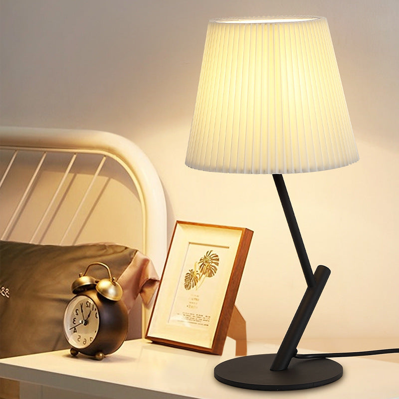 Contemporary Nordic Pleated Fabric Shade Hardware Tube 1-Light Table Lamp For Bedroom