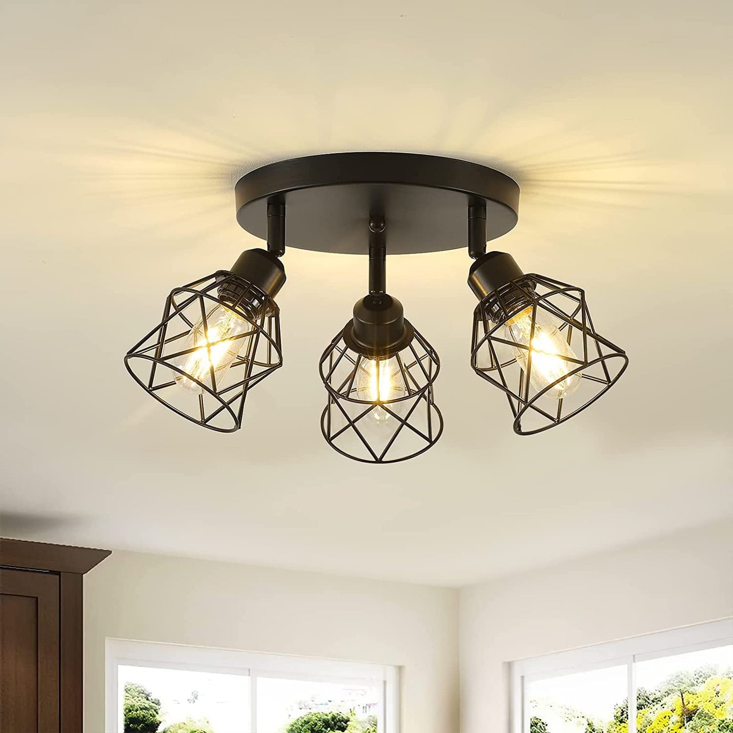 Contemporary Industrial Iron Frame 360° Rotation 3-Light Semi-Flush Mount Ceiling Light For Living Room