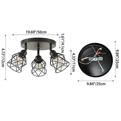 Contemporary Industrial Iron Frame 360° Rotation 3-Light Semi-Flush Mount Ceiling Light For Living Room