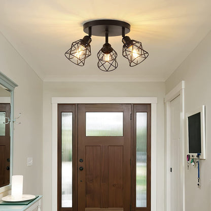 Contemporary Industrial Iron Frame 360° Rotation 3-Light Semi-Flush Mount Ceiling Light For Living Room