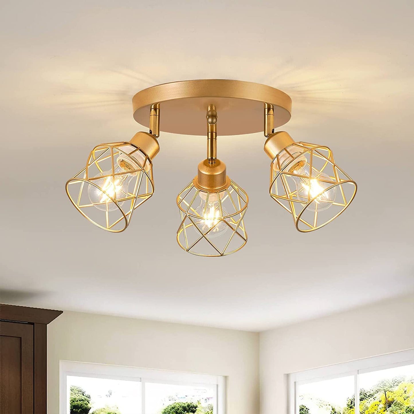 Contemporary Industrial Iron Frame 360° Rotation 3-Light Semi-Flush Mount Ceiling Light For Living Room