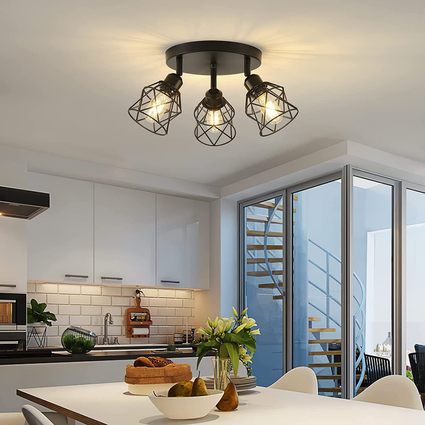 Contemporary Industrial Iron Frame 360° Rotation 3-Light Semi-Flush Mount Ceiling Light For Living Room