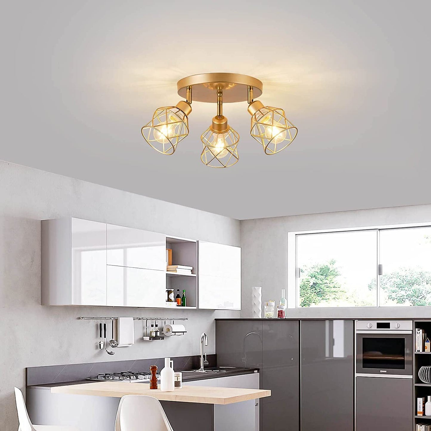 Contemporary Industrial Iron Frame 360° Rotation 3-Light Semi-Flush Mount Ceiling Light For Living Room