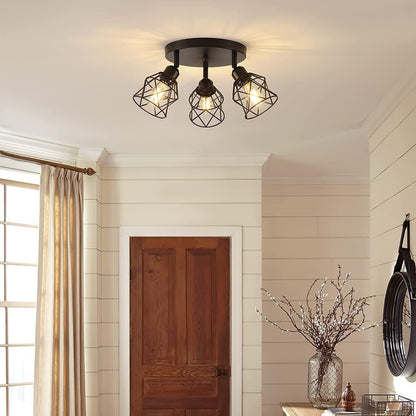 Contemporary Industrial Iron Frame 360° Rotation 3-Light Semi-Flush Mount Ceiling Light For Living Room