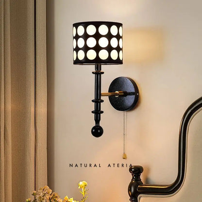 Traditional French White Polka Dot Fabric Cylinder Shade Ash Wood 1-Light Wall Sconce Lamp For Bedroom