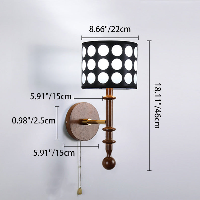 Traditional French White Polka Dot Fabric Cylinder Shade Ash Wood 1-Light Wall Sconce Lamp For Bedroom