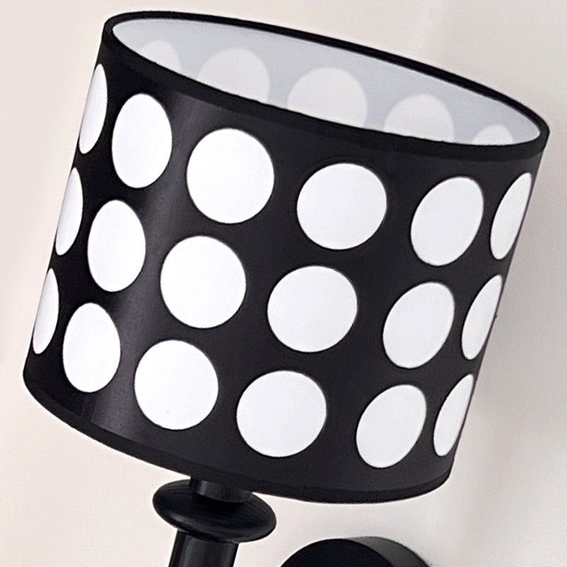 Traditional French White Polka Dot Fabric Cylinder Shade Ash Wood 1-Light Wall Sconce Lamp For Bedroom