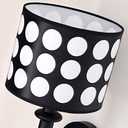 Traditional French White Polka Dot Fabric Cylinder Shade Ash Wood 1-Light Wall Sconce Lamp For Bedroom