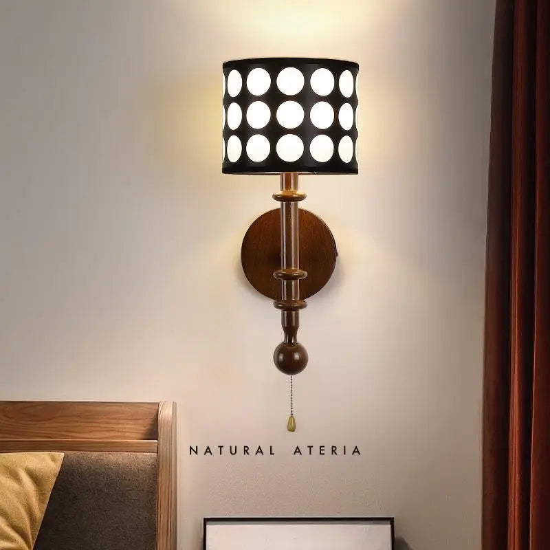 Traditional French White Polka Dot Fabric Cylinder Shade Ash Wood 1-Light Wall Sconce Lamp For Bedroom