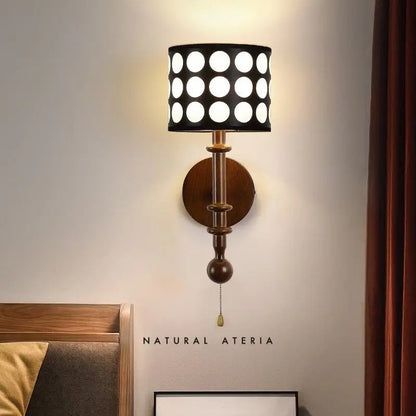 Traditional French White Polka Dot Fabric Cylinder Shade Ash Wood 1-Light Wall Sconce Lamp For Bedroom
