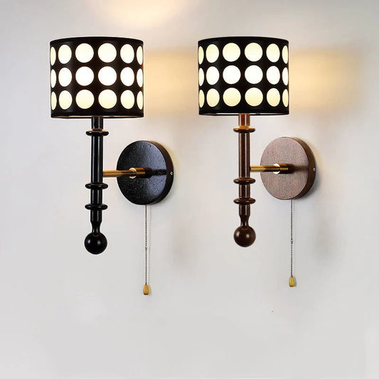 Traditional French White Polka Dot Fabric Cylinder Shade Ash Wood 1-Light Wall Sconce Lamp For Bedroom