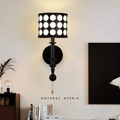 Traditional French White Polka Dot Fabric Cylinder Shade Ash Wood 1-Light Wall Sconce Lamp For Bedroom