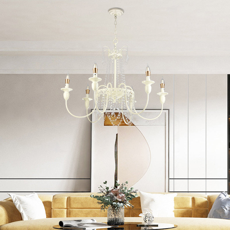 Traditional French Iron Carved Frame Crystal String Candelabra 4/6/8-Light Chandelier For Living Room