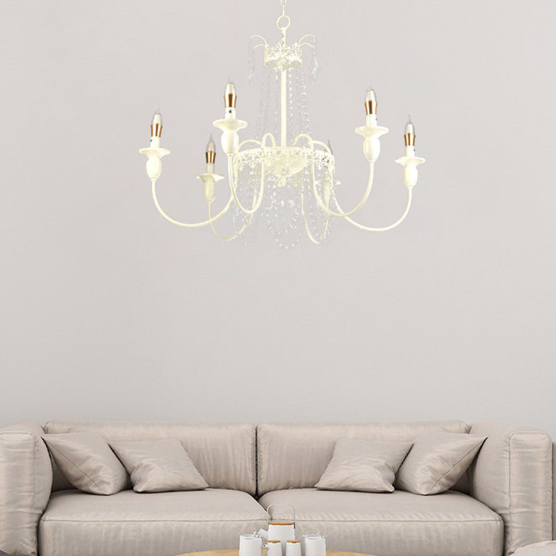 Traditional French Iron Carved Frame Crystal String Candelabra 4/6/8-Light Chandelier For Living Room