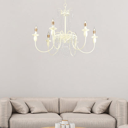 Traditional French Iron Carved Frame Crystal String Candelabra 4/6/8-Light Chandelier For Living Room