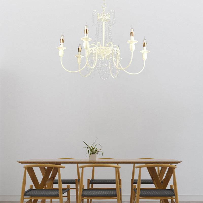 Traditional French Iron Carved Frame Crystal String Candelabra 4/6/8-Light Chandelier For Living Room