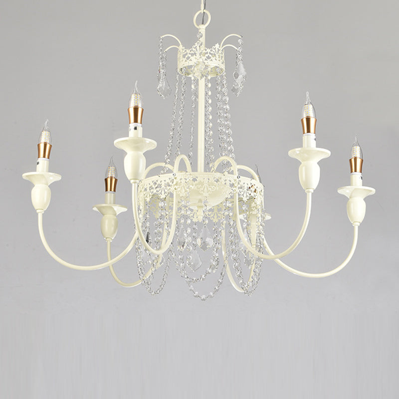 Traditional French Iron Carved Frame Crystal String Candelabra 4/6/8-Light Chandelier For Living Room