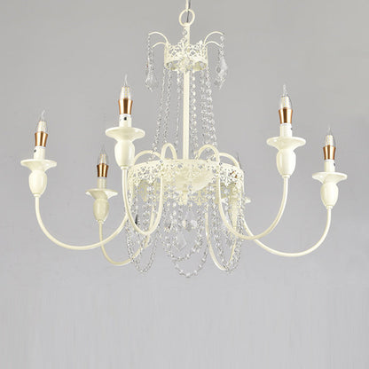 Traditional French Iron Carved Frame Crystal String Candelabra 4/6/8-Light Chandelier For Living Room
