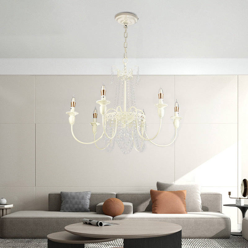 Traditional French Iron Carved Frame Crystal String Candelabra 4/6/8-Light Chandelier For Living Room
