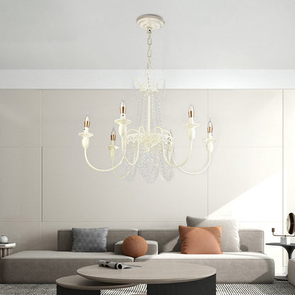 Traditional French Iron Carved Frame Crystal String Candelabra 4/6/8-Light Chandelier For Living Room