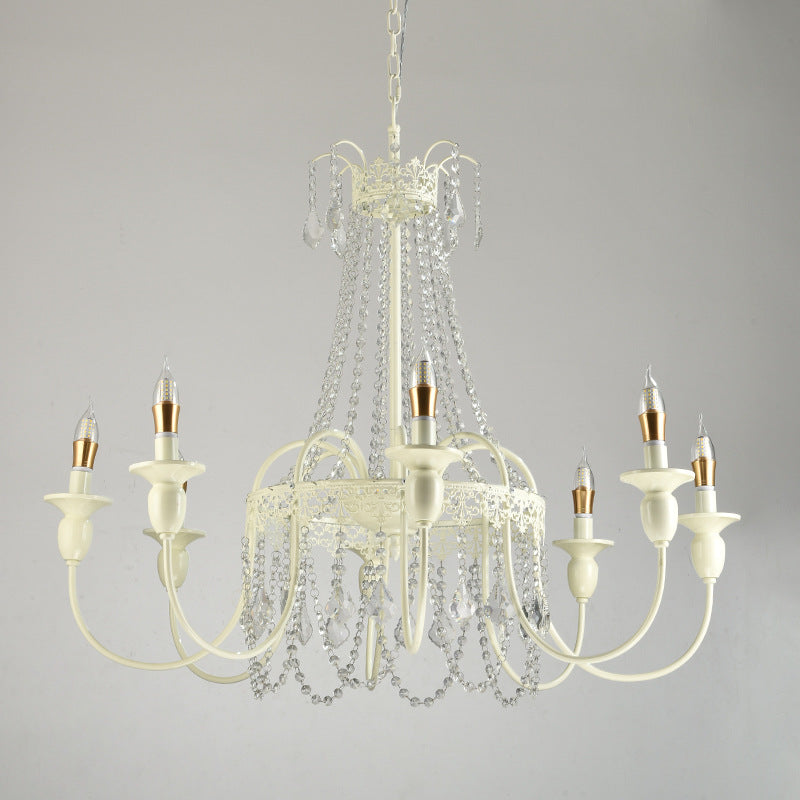 Traditional French Iron Carved Frame Crystal String Candelabra 4/6/8-Light Chandelier For Living Room
