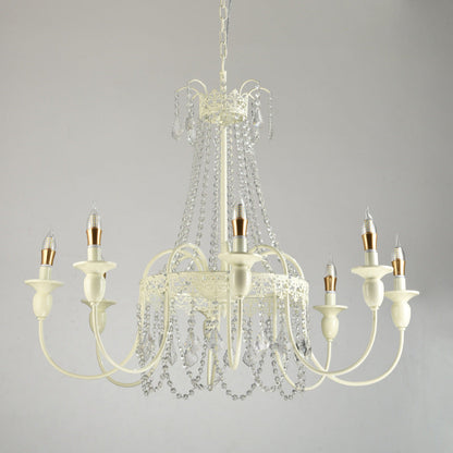 Traditional French Iron Carved Frame Crystal String Candelabra 4/6/8-Light Chandelier For Living Room
