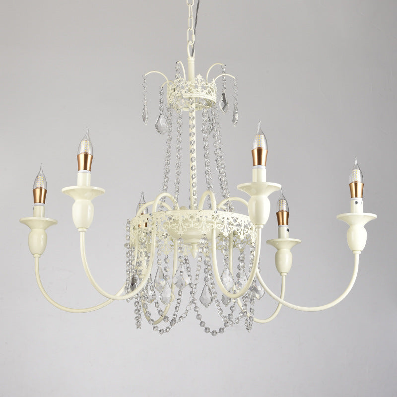 Traditional French Iron Carved Frame Crystal String Candelabra 4/6/8-Light Chandelier For Living Room