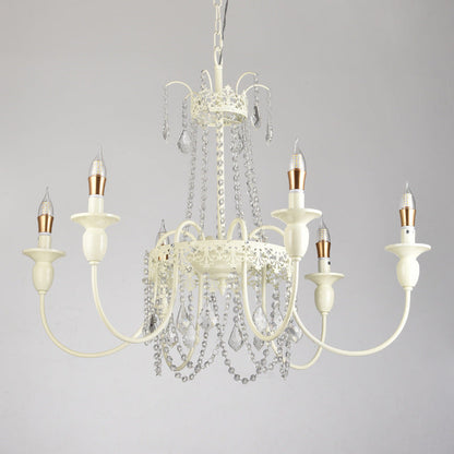 Traditional French Iron Carved Frame Crystal String Candelabra 4/6/8-Light Chandelier For Living Room