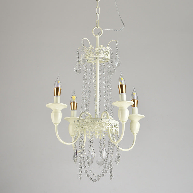 Traditional French Iron Carved Frame Crystal String Candelabra 4/6/8-Light Chandelier For Living Room