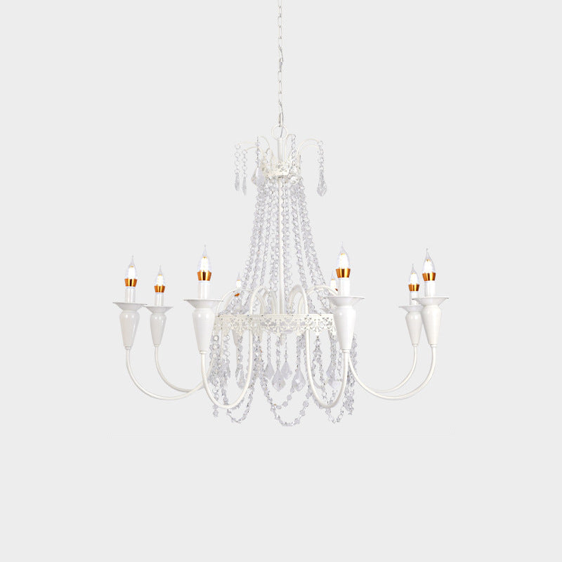 Traditional French Iron Carved Frame Crystal String Candelabra 4/6/8-Light Chandelier For Living Room