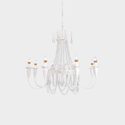 Traditional French Iron Carved Frame Crystal String Candelabra 4/6/8-Light Chandelier For Living Room