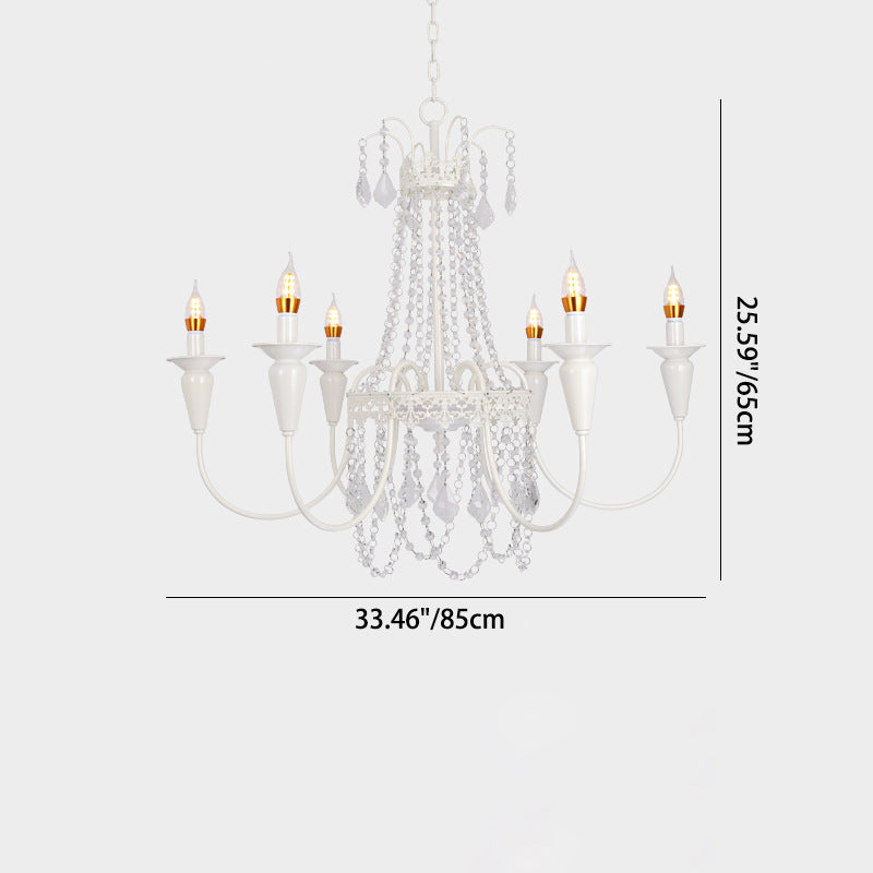 Traditional French Iron Carved Frame Crystal String Candelabra 4/6/8-Light Chandelier For Living Room