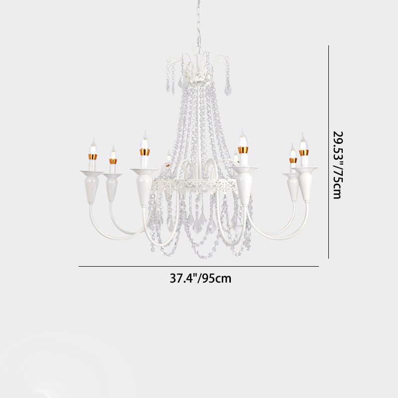 Traditional French Iron Carved Frame Crystal String Candelabra 4/6/8-Light Chandelier For Living Room