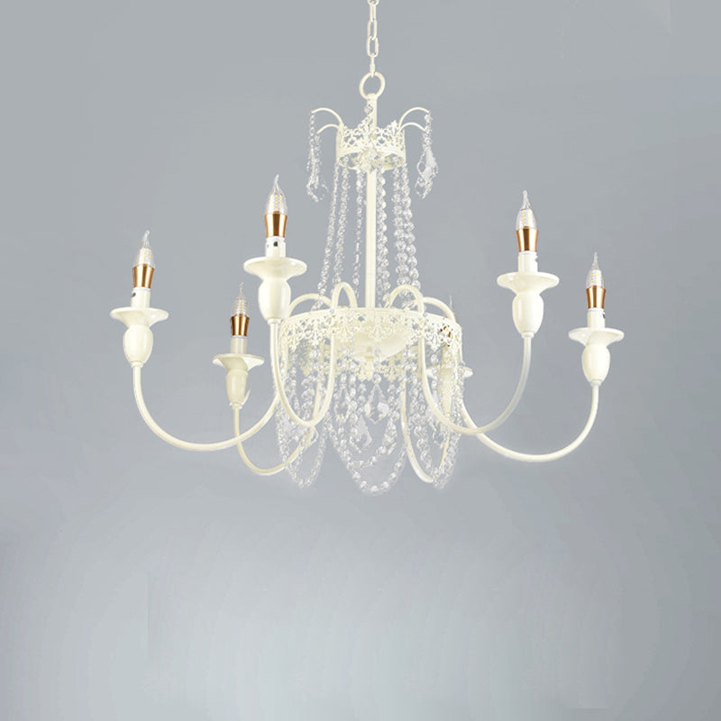 Traditional French Iron Carved Frame Crystal String Candelabra 4/6/8-Light Chandelier For Living Room