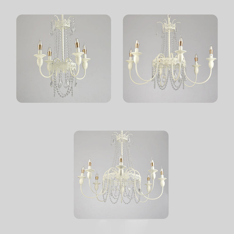 Traditional French Iron Carved Frame Crystal String Candelabra 4/6/8-Light Chandelier For Living Room