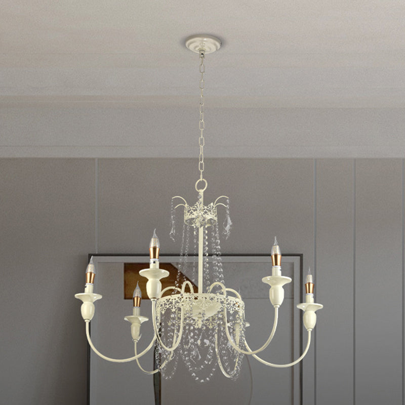 Traditional French Iron Carved Frame Crystal String Candelabra 4/6/8-Light Chandelier For Living Room