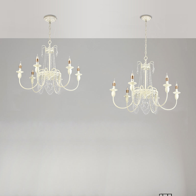 Traditional French Iron Carved Frame Crystal String Candelabra 4/6/8-Light Chandelier For Living Room
