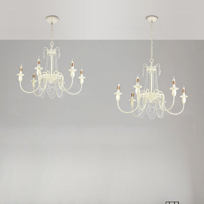 Traditional French Iron Carved Frame Crystal String Candelabra 4/6/8-Light Chandelier For Living Room