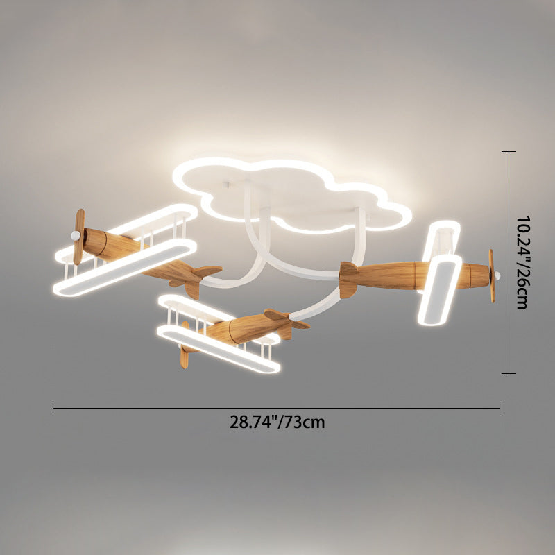 Contemporary Creative Cartoon Solid Wood Plane Acrylic LED Semi-Flush Mount Ceiling Light For Living Room