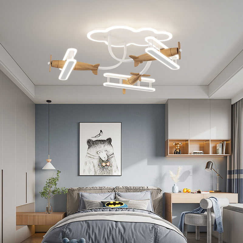 Contemporary Creative Cartoon Solid Wood Plane Acrylic LED Semi-Flush Mount Ceiling Light For Living Room