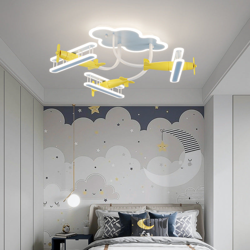 Contemporary Creative Cartoon Solid Wood Plane Acrylic LED Semi-Flush Mount Ceiling Light For Living Room