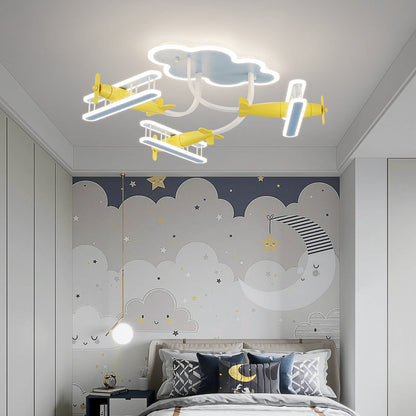 Contemporary Creative Cartoon Solid Wood Plane Acrylic LED Semi-Flush Mount Ceiling Light For Living Room