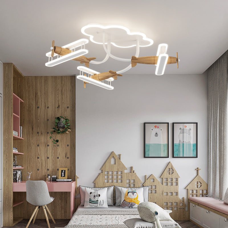 Contemporary Creative Cartoon Solid Wood Plane Acrylic LED Semi-Flush Mount Ceiling Light For Living Room