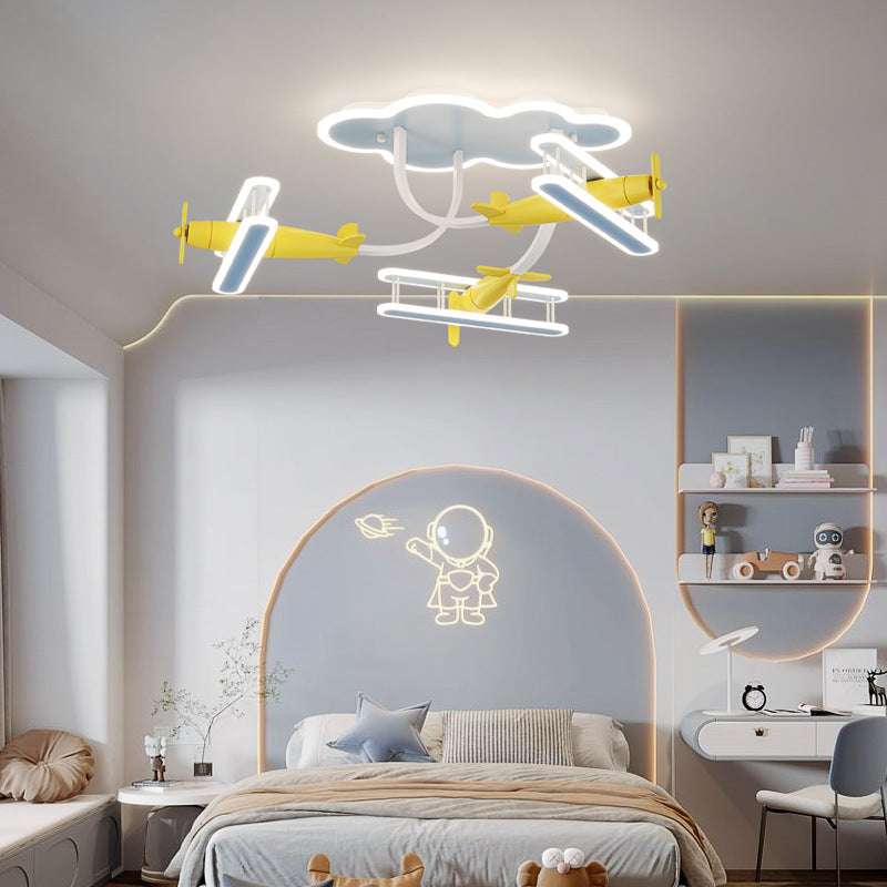 Contemporary Creative Cartoon Solid Wood Plane Acrylic LED Semi-Flush Mount Ceiling Light For Living Room