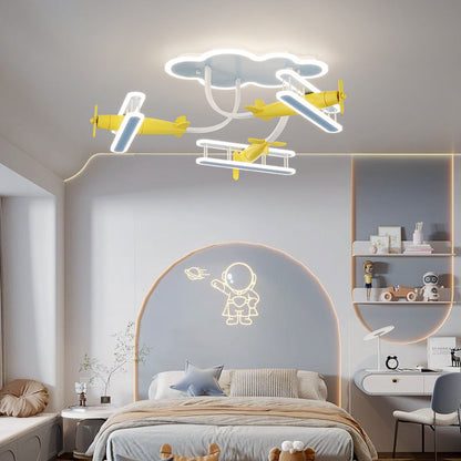 Contemporary Creative Cartoon Solid Wood Plane Acrylic LED Semi-Flush Mount Ceiling Light For Living Room