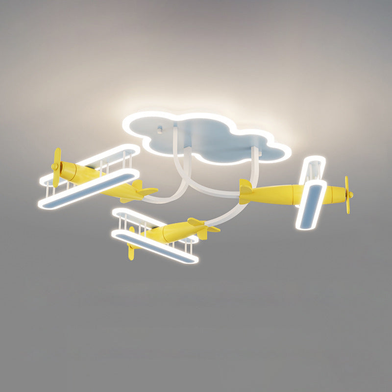 Contemporary Creative Cartoon Solid Wood Plane Acrylic LED Semi-Flush Mount Ceiling Light For Living Room