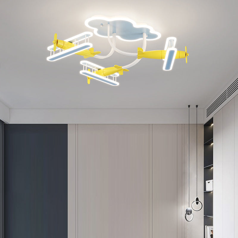 Contemporary Creative Cartoon Solid Wood Plane Acrylic LED Semi-Flush Mount Ceiling Light For Living Room