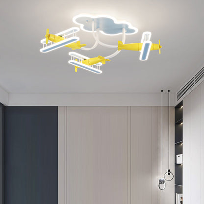 Contemporary Creative Cartoon Solid Wood Plane Acrylic LED Semi-Flush Mount Ceiling Light For Living Room