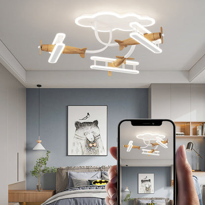 Contemporary Creative Cartoon Solid Wood Plane Acrylic LED Semi-Flush Mount Ceiling Light For Living Room