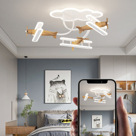 Contemporary Creative Cartoon Solid Wood Plane Acrylic LED Semi-Flush Mount Ceiling Light For Living Room